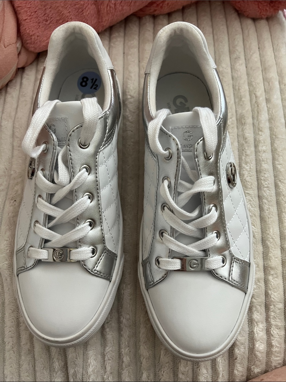 G by Guess White and Silver Quilted Lace-Up Sneakers